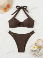 Women's Summer Beach Solid Color Ruffle Halterneck Bikini Set