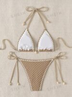 Women's Summer Beach Floral Bikini Set With Fringe Edge Design And Halter Neck Tie