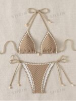 Women's Summer Beach Floral Bikini Set With Fringe Edge Design And Halter Neck Tie