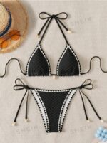 Women's Summer Beach Floral Bikini Set With Fringe Edge Design And Halter Neck Tie