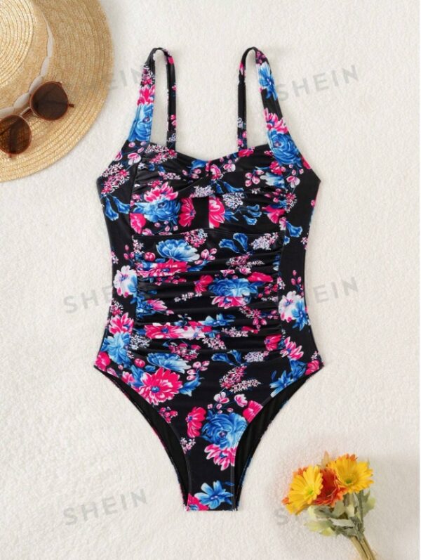 Women Summer Beach Ruched Floral Print One-Piece Swimsuit