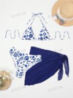 Mod Summer Beach Floral Print Triangle Bikini Set With Beach Skirt