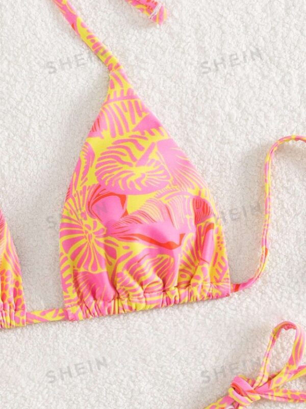 Women's Summer Beach Plant Print Halter Bandage Sexy Bikini Set, Random Print