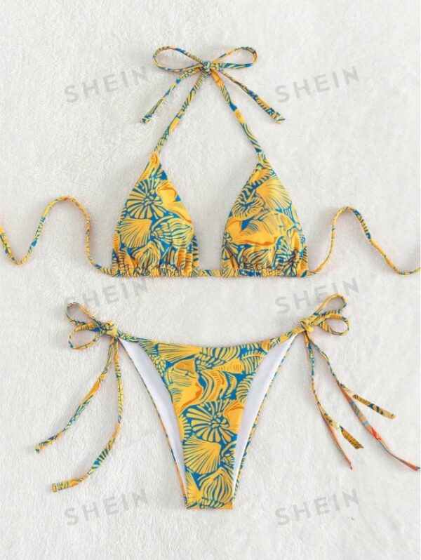 Women's Summer Beach Plant Print Halter Bandage Sexy Bikini Set, Random Print