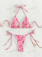 Women's Summer Beach Plant Print Halter Bandage Sexy Bikini Set, Random Print