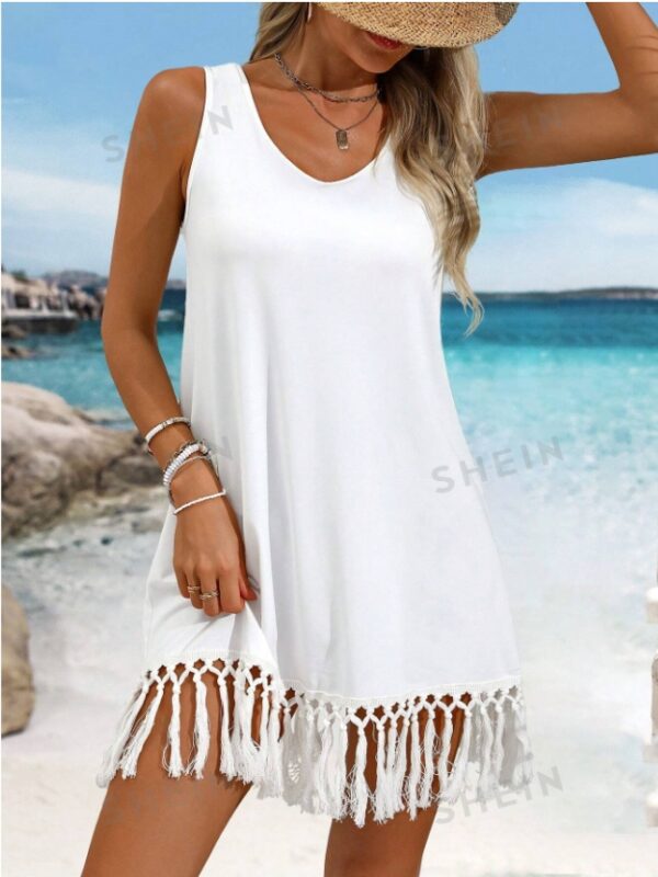 Women's Solid Color Fringe Hem Sleeveless Cover-Up Dress For Summer