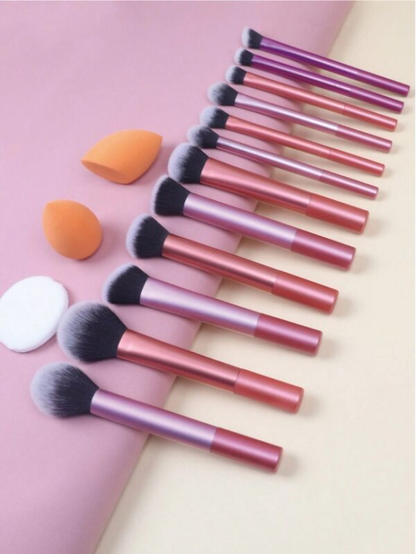 12pcs Multi-Functional Makeup Brush Set Including Powder Brush, Blush Brush, Foundation Brush, Eyeshadow Brush, Blending Brush, Contour Brush, Along With An Oblique Cut Beauty Blender, Rounded Beauty Blender, And White Powder Puff