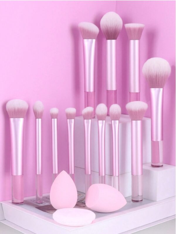 12pcs Multi-Functional Makeup Brush Set Including Powder Brush, Blush Brush, Foundation Brush, Eyeshadow Brush, Blending Brush, Contour Brush, Along With An Oblique Cut Beauty Blender, Rounded Beauty Blender, And White Powder Puff